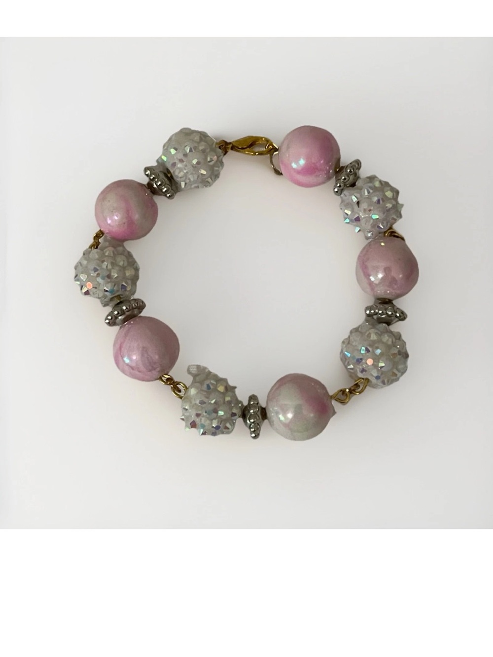 Handmade Pink Rhinestone Shambala & Marbled Swirl Pearl Bead Bracelet Gold Clasp